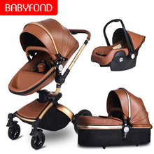 Load image into Gallery viewer, Babyfond luxury baby stroller 3 in 1 Fashion Carriage 360 degree rotation two-way Trolley PU Aluminum alloy Gold Frame Baby Pram